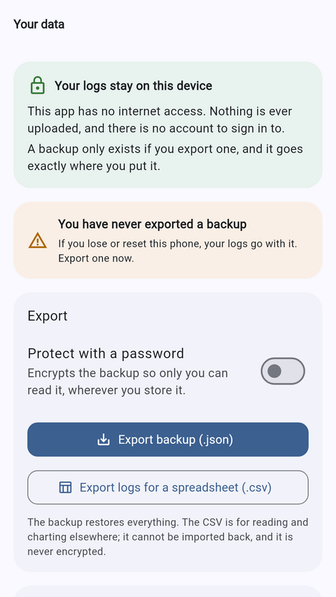 The Your data screen, showing that logs stay on the device